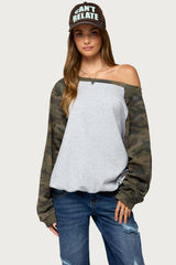 Huston Off Shoulder Camo Raglan Sweatshirt