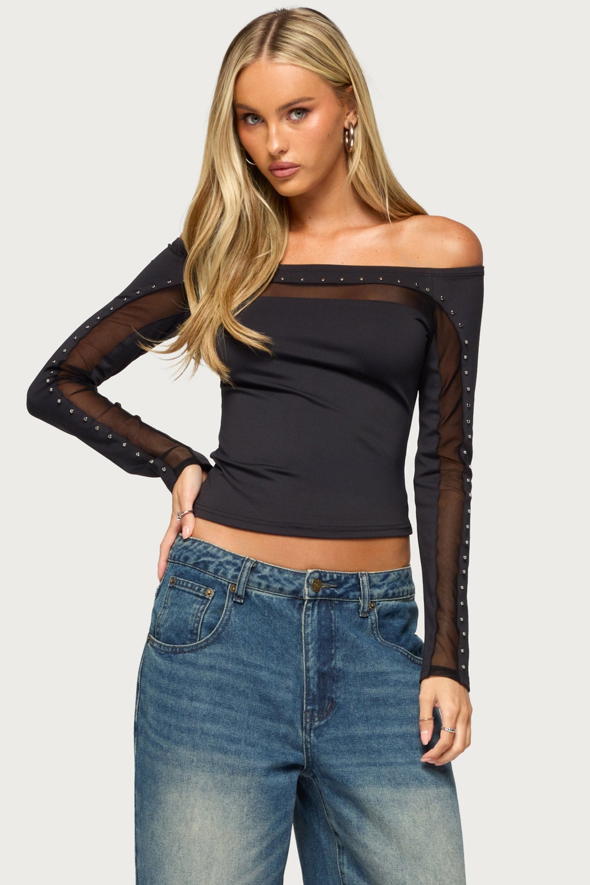 Attie Studded Off Shoulder Long Sleeve Top