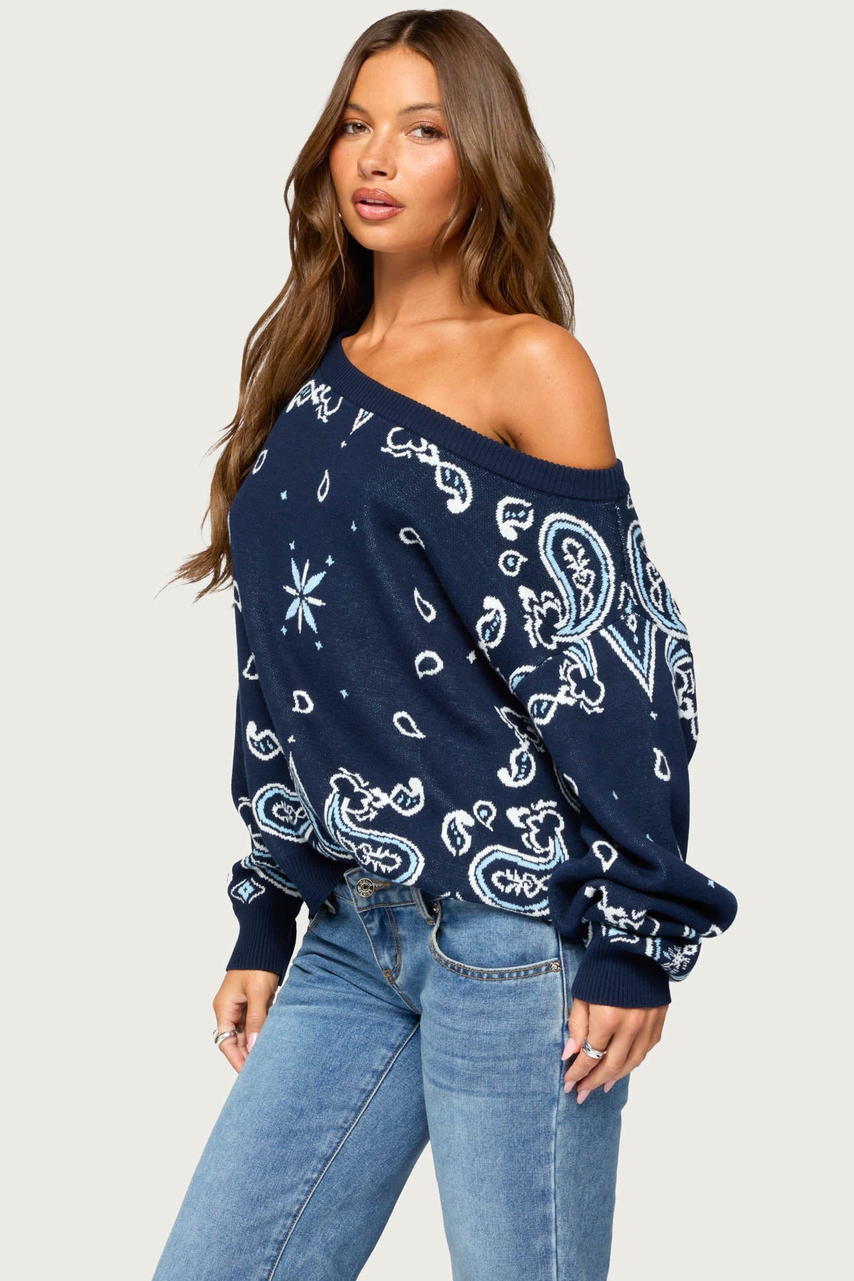Faiga Off Shoulder Bandana Print Sweater