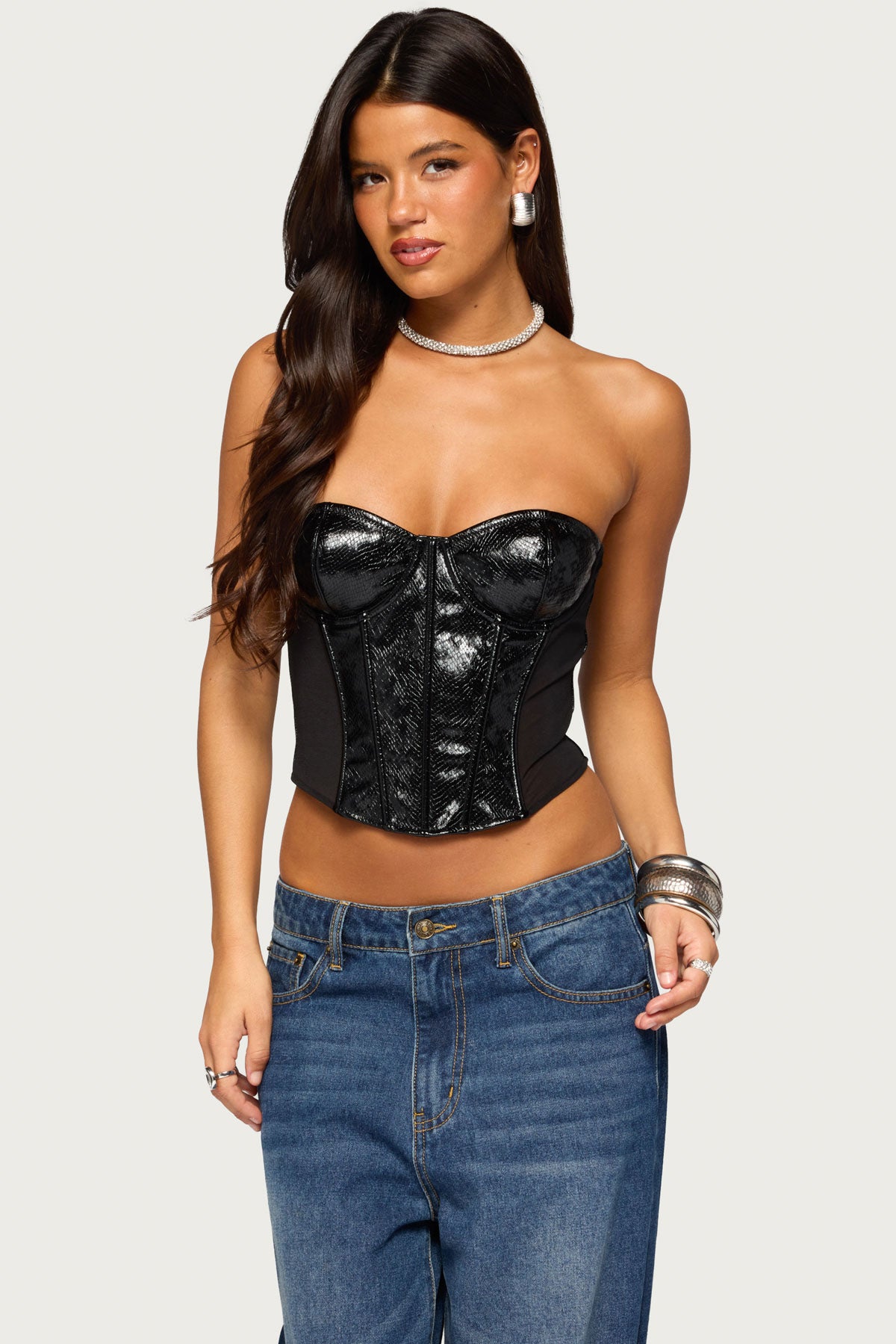 Suttyn Strapless Faux Leather Corset