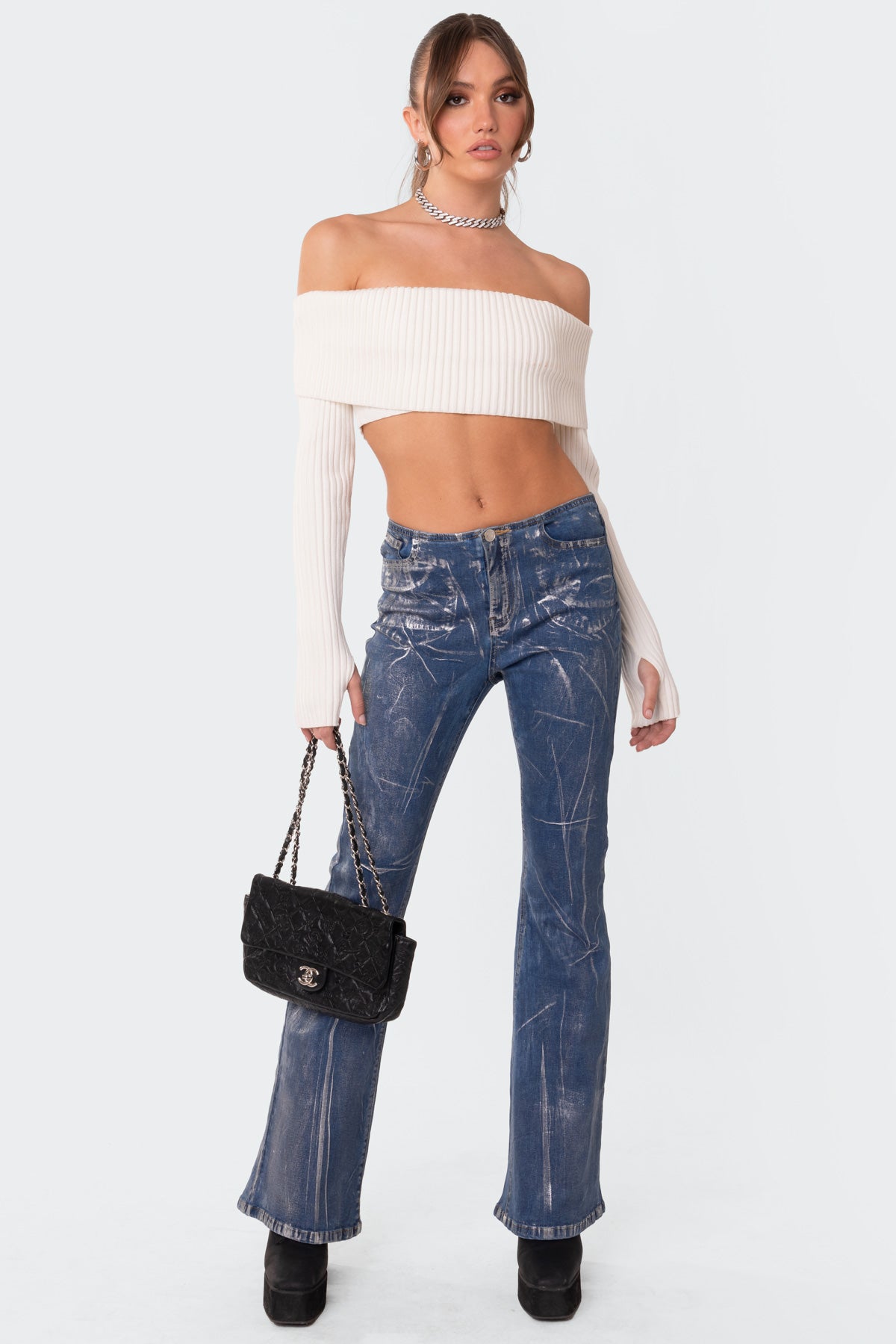 Metallic Coated Low Rise Flared Jeans