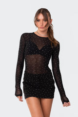 Bling Rhinestone Sheer Mesh Bodysuit