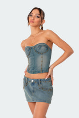 Studded Washed Denim Lace Up Corset